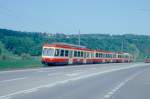 WB Regionalzug 33 von Waldenburg nach Liestal am 09.05.1993 bei Talhaus mit Steuerwagen voraus Bt 117 - Bt 119 - Triebwagen BDe 4/4 17. Hinweis: Rckansicht
