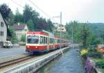 WB Regionalzug 36 von Liestal nach Waldenburg am 08.05.1993 in Niederdorf mit Triebwagen BDe 4/4 13 - Bt 118 - Bt 120.
