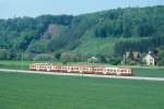 WB Regionalzug 39 von Waldenburg nach Liestal am 09.05.1993 bei Altmarkt mit Steuerwagen voraus Bt 117 - Bt 119 - Triebwagen BDe 4/4 17.