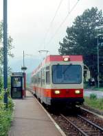 WB Regionalzug 45 von Waldenburg nach Liestal am 08.05.1993 in Weidbchli mit Steuerwagen voraus Bt 116 - Triebwagen BDe 4/4 16.