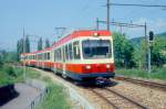 WB Regionalzug 46 von Liestal nach Waldenburg am 09.05.1993 Einfahrt Altmarkt mit Triebwagen BDe 4/4 17 - Bt 119 - Bt 117.