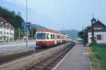 WB Regionalzug 35 von Waldenburg nach Liestal am 08.05.1993 in Bad Bubendorf mit Steuerwagen voraus Bt 114 - Triebwagen BDe 4/4 14.