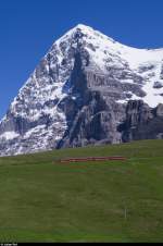 Eine Doppeltraktion BDhe 4/8 fährt am 24. Juni 2015 vor der Kulisse der Eigernordwand der Kleinen Scheidegg entgegen. 