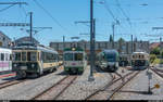 Fotofahrt Association ASD 1914 auf der LEB am 23. Juni 2018.<br>
Fahrzeugaufstellung vor dem Depot in Echallens mit dem Be 4/4 26, Be 4/8 35, RBe 4/8 49, Be 4/4 27 (im Hintergrund) und Are 4/4 25.