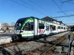 LEB - Triebwagen RBe 4/8  44 im Bahnhofsareal in Echallens am 16.03.2012 .. Foto wurde von auserhalb des Bahnareal aus Gemacht ..