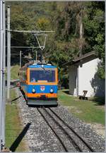 Unser talwärts fahrender Zug kreuzt in San Nicolao den bergwärts fahrenden Monte Generoso (MG) Bhe 4/8 N° 13.