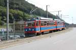 Talwrts fahrender Doppeltriebwagen Bhe4/8 der Monte Generoso Bahn bei der Ankunft in Capolago.07.09.13    