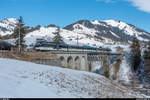 MOB ABe 8/8 9001 als Regio Zweisimmen - Montreux am 4. März 2018 auf dem Viadukt bei Flendruz.