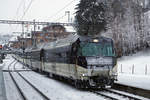 Montreux-Berner Oberland-Bahn/MOB.
Bahnhof Gstaad am 27. Dezember 2019 bei sehr schlechtem Winterwetter.
Foto: Walter Ruetsch
