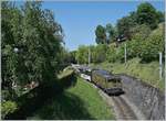 Die MOB GDe 4/4 6003  Train du Chocolat  erreicht mit ihrem PE 2115 von Zweisimmen nach Montreux in Kürze Sonzier. 

7. Mai 2020