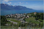 Der von Sarah Morris als  Monarch  gestaltete Lenkerpendel ABt 341 - Be 4/4 5001 - Bt 241 ist auf dem Weg von Montreux nach Zweisimmen und überquert bei Châtelard die Autobahn A9. 

10. Mai 2020