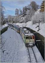 Anscheinend hat es auch im Berner Oberland geschneit, ansonsten würde sich die GDe 4/4 6006  Aigle les Murailles  nicht so verschneit zeigen.