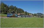 Eine der beiden MOB Ge 4/4 Serie 8000 in der  GoldenPassLine  Lackierung ist zwischen Saanenmöser und Schönried mit einem GoldenPass Panoramic auf dem Weg von Zweisimmen nach Montreux.

3. September 2016