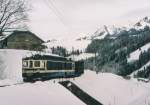 MOB: BDe 4/4 3004 bei Allières im Januar 1994 anlässlich einer Ueberführung der BC G 3/3 6 von Montbovon nach Chamby.
Foto: Walter Ruetsch