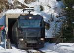 MOB: Die Ge 4/4 8001  GSTAAD  beim Verlassen des Jaman Tunnels mit einer Länge von 2424 m bei Jor am 17.