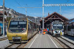 Der Zug mit dem Be 4/4 5001 wirkt derzeit als Kunstobjekt in der Ausstellung  Elevation 1049  in Gstaad mit.