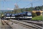 Gleich drei CEV MVR ABeh 2/6 sind auf diesem Bild in Blonay zu sehen: Der abgestellte ABeh 2/6 7501 auf Gleis 1, der auf die Abfahrt nach Les Pléiades wartende ABeh 2/6 7505 und der von Les Pléiades kommende und nach Vevey fahrende ABeh 2/6 7507.

7. Mai 2022