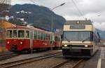 Am 26.02.2012 im Bahnhof Blonay:   Auf Gleis 1 (rechts) steht der Be 2/6 - 7001 (Stadler GTW 2/6) der MVR (Transports Montreux–Vevey–Riviera) zur Abfahrt nach Vevey bereit,  links auf