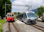 Goldenpass CEV - Fotoextrafahrt für Bahnforum.ch mit den Zahnradtriebwagen BDeh 2/4 73 und Beh 2/4 71 + Bt 224 im Bahnhof St-Leger am 16.05.2015