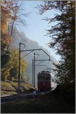Der CEV BDeh 2/4 73 als Regionalzug 1379 verlässt den leicht nebeldurch zogenen Bois de Chexbres und erreicht in wenigen Minuten Fayaux.
27. Okt. 2015