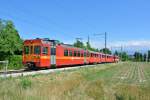 Die beiden alten Mitteleinstiegswagen (ex. BD, ex. BTI, Jg. 1949!) kommen nur noch usserst selten zum Einsatz, aktuell (Palo Festival) wahrscheinlich zum letzten mal berhaupt. Im Bild ist der  Train navette  L'Asse - Nyon, bestehend aus Be 4/4 204, B 341, B 342 und Be 4/4 205, zwischen la Vuarpillire und les Plantaz, 23.07.2015.