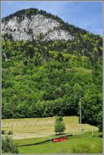 Die Bahn erscheint winzig vor der Bergkulisse.