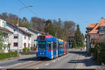 RBS Be 4/10 82 auf der Linie 6 von Worb Dorf nach Bern Fischermätteli am 25. April 2021 unterwegs auf dem noch eingleisigen Abschnitt in der Thunstrasse zwischen Muri und Egghölzli.