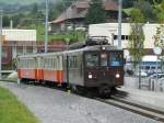 RBS - Im Gratis Pendeldienst der RBS zwischen Worblaufen und Bern  anlsslich des Tag der offen Tr am 22.08.2009 ist der Triebwagen Bre 4/4 1 mit den 2 Steuerwagen Bt 221 + Bt 222 im Stundentakt