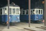 VBW - Triebwagen Be 4/4 73 und Be 4/4 71 im alten Depot in Worb im Mai 1985 ..