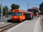 RBS - 100 Jahre Ausrangierter Triebwagen Be 4/8 als Ausstellung für eine Modeleisenbahn mit RBS Fahrzeugen im Bahnhof Jegenstorf am 27.08.2016