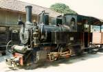 Dampflok Pinus der Schinznacher Baumschule unterwegs auf dem Gelnde der Baumschule im Juli 1986