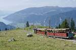 Ein Zug der Schynigen Platte Bahn bei einem weiteren Zwischenstopp für Gleitschirmflieger oberhalb von Breitlauenen, am 26.8.17.