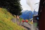 Der Dampfzug der Schynigen Platte Bahn erreicht im Abstieg die Station Breitlauenen. 2.September 2017 