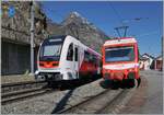 In Vernayaz M-C begegnet der TMR Beh 4/8 72 dem neuen TMR/SNCF Beh 4/8 9085 838 0891-4) Während letzterer als Regionalzug 18977 auf dem Weg von Vallorcine nach Martigny ist, werden  mit dem neuen