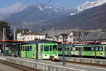 TPC/ASD: Ein sehr schöner Anblick. Ab Aigle, dem Schmalspurparadies der Westschweiz, verkehren nun nur noch Züge mit dem neuen grünen Anstrich.
ASD Pendelzug mit 402 in Aigle am 9. Februar 2018.
Foto: Walter Ruetsch
 