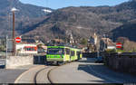 TPC-ASD BDeh 4/8 591 als Regio Les Diablerets - Aigle am 21. Februar 2021 bei Aigle-Place-du-Marché.
