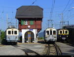 ASD / MOB - Oldtimer Triebwagen ASD - BCFe 4/4 1 neben MOB - BCFe 4/ 11 und MOB - FZe 6/6  2002 im Bhf.