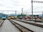 tpc (ex ASD - AL - AOMC /-/ AOMC 1908-2008 100 Jahre ) Fahrzeugparade am 07.06.2008 vor dem tpc Depot Chlex in Aigle mit dem ASD Triebwagen BDe 4/4 1 neben Salonsteuerwagen Arst 433 neben AL Triebwagen BDeh 4/ 301 neben BDeh 2/4 203 neben dem AOMC Olteimer Triebwagen BCFe 4/4 6 neben BDeh 4/4 513 neben Be 4/4  103 neben BDeh 4/4 502 und dem Beh 4/8  591 