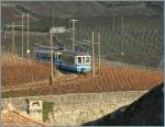 Der schöne blaue ASD Regionalzug 459 unterwegs von Les Diableres nach Aigle in den Weinbergen von Aigle.