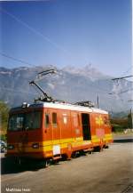HGe4/4 31 der Bex-Villars-Bretaye-Bahn BVB (Meterspur Adhsions- und Zahnradbahn) in Bex 411m, im Oktober 2001.