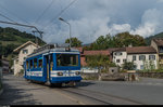 Bahnforum-Schweiz-Fotofahrt auf der BVB am 10. September 2016. Tram Be 2/3 16 bei Grand Moulin. Der Tramverkehr zwischen Bex und Bévieux wurde im Jahr 2002 eingestellt. 