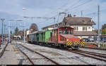 TPF Te 4/4 14 rangiert am 3. März 2019 in Palézieux die Wagen des Dampfzuges, welcher aus Anlass der bevorstehenden Streckensperre Palézieux - Châtel-Saint-Denis mit anschliessendem Ersatz des Bahnhofs Châtel-Saint-Denis gefahren ist.