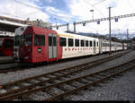 tpf - Reserve Pendelzug an der Spitze der Steuerwagen ABt 221 + B 207 + B 209 sowie am Schluss der Triebwagen Be 4/4 121 abgestellt im Bahnhof Bulle am 19.12.2020 