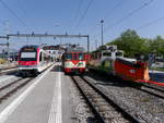 travys / YsteC - BFS-Fotofahrt mit dem Triebwagen Be 4/4 15 mit kleiner Fahrzeugparade Be 4/4 3001 - Be 4/4 15 - Ge 4/4 21 im Bahnhof von Yverdon les Bains am 05.05.2018