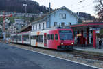 TRAVYS.
Chemin de fer Yverdon-Ste-Croix.
Impressionen vom 10. November 2020.
Ein neuer Pendelzug Be 4/4 + AB + Bt 51 (unpassend) in Ste. Croix.
Foto: Walter Ruetsch
