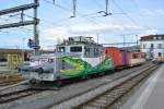 Ge 4/4 21, X504 und der ausgeschlachtete B 35 abgestellt in Yverdon-les-Bains, 26.04.2015.