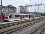 travys ( YSteC ) - Neuer Zug mit den Triebwagen Be 4/4 3002 mit dem Zwischenwagen 1+2 Kl. AB 3031 und dem Be 4/4 3001 abgestellt in Yverdon am 18.02.2016