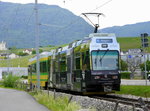 TransN - Triebwagen Be 4/4 504 mit Steuerwagen Bt 551 unterwegs in Areuse beim Tramdepot der TransN am 22.05.2016 