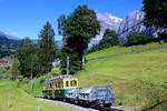 Güterzug mit Triebwagen 118 und dem Doppelgüterwagen 810 im Abstieg nach Grindelwald.