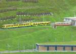 WAB - Talwrts Fahrender Pendelzug mit Beh 4/8 + Bt Hinter dem alten Depot ( Abgestellter Steuerwagen ) und ber neuen Depot ( unten im Bilder sichtbar ) der Jungfraubahn auf der Kleinen Scheidegg am